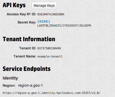 HP Cloud API Keys (example data)